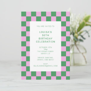 Invitation Fun Checkerboard rose vert géométrique Anniversair