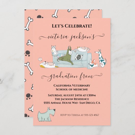Invitation Fun Chiens & Chats Vétérinaire Diplôme d'école (Devant / Derrière)