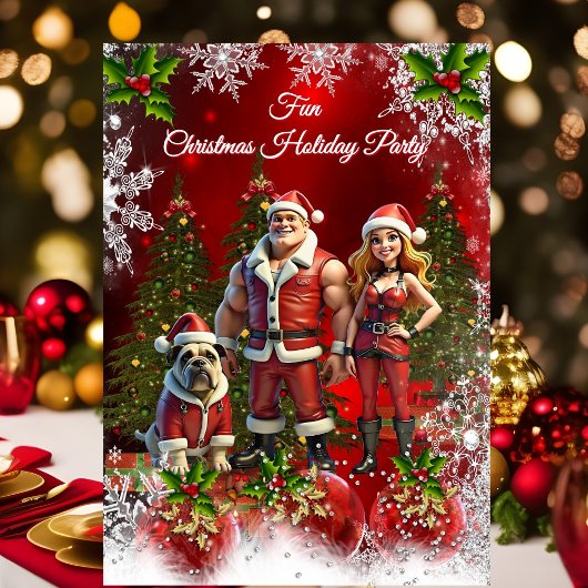 Invitation Fun Christmas Holiday Party Red Couple Dog