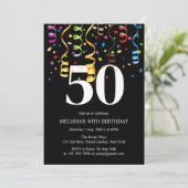 Invitation Fun Colorful Confetti Ribbon Noir 50 Anniversaire (Debout devant)