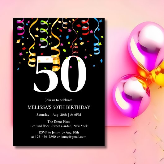 Invitation Fun Colorful Confetti Ribbon Noir 50 Anniversaire