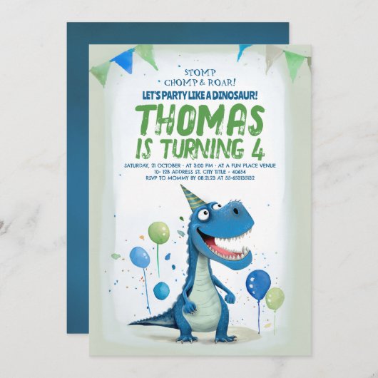 Invitation Fun Dinosaur Bleu et Vert Anniversaire (Devant / Derrière)