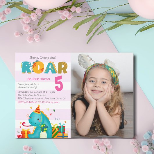 Invitation Fun Dinosaur Stomp Chomp and roar Birthday Girl