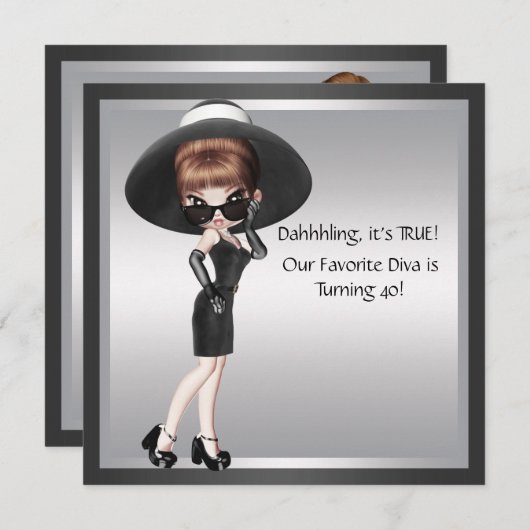 Invitation Fun Diva Favorite femmes Black 40e anniversaire (Devant / Derrière)
