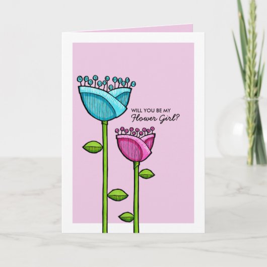 Invitation Fun Doodle Flowers rose bleu Be My Flower Girl (Devant)