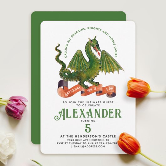 Invitation Fun Drôle Chevalier Dragon Vert Médiéval Quest Enf