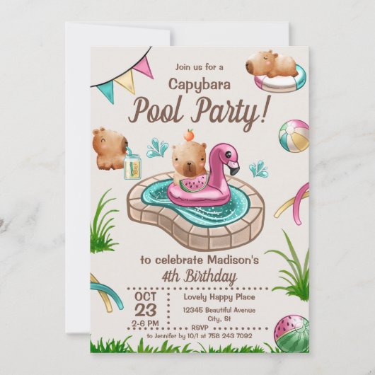 Invitation Fun été Capybara Pool Party (Devant)