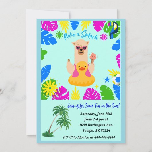 Invitation Fun été Llama Pool Party Personnalisé (Devant)
