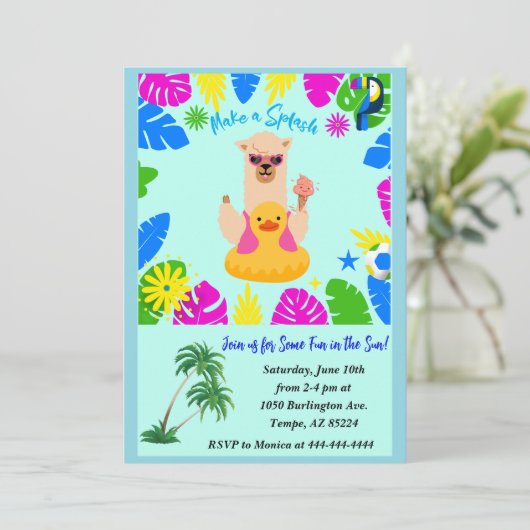 Invitation Fun été Llama Pool Party Personnalisé (Debout devant)