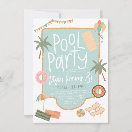 Invitation Fun été tiré à la main Fun Custom Pool Party Anniv (Devant)