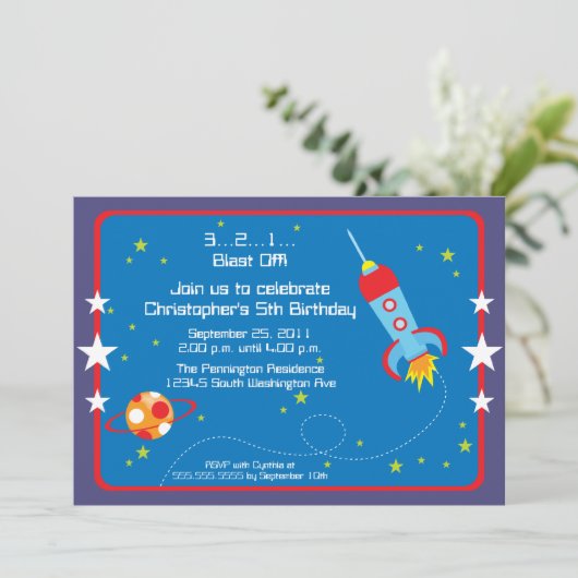 Invitation Fun explosion de vaisseau spatial garçons fête d'a (Debout devant)