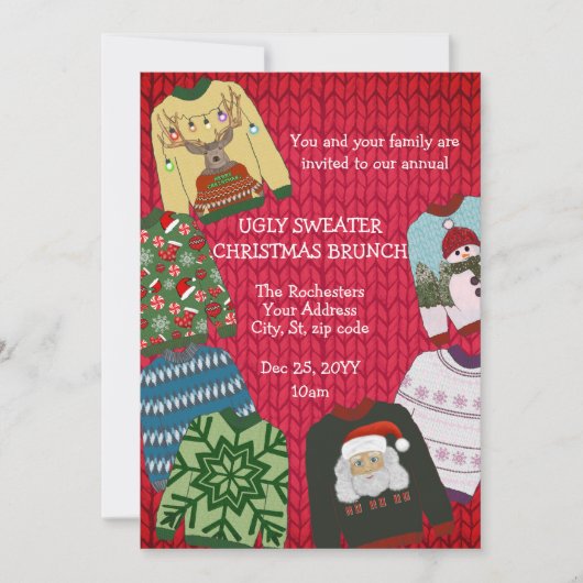 Invitation Fun Festive Rouge laide Sweater Noël Brunch (Devant)