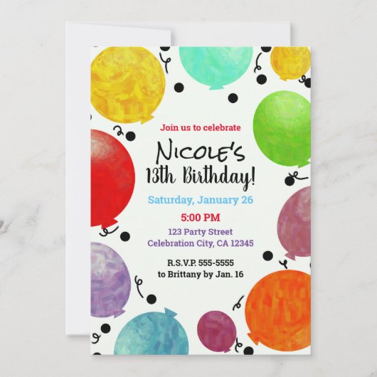 Invitation Fun Fiesta Party Balloons Anniversaire Fête (Devant)