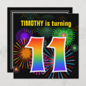 Invitation Fun Fireworks + Rainbow Motif "11" Anniversaire # (Devant / Derrière)