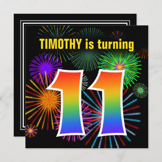 Invitation Fun Fireworks + Rainbow Motif "11" Anniversaire # (Devant / Derrière)