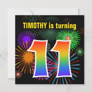 Invitation Fun Fireworks + Rainbow Motif "11" Anniversaire #