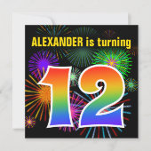 Invitation Fun Fireworks + Rainbow Motif "12" Anniversaire # (Devant)