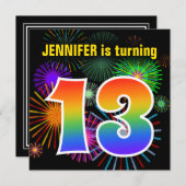 Invitation Fun Fireworks + Rainbow Motif "13" Anniversaire # (Devant / Derrière)