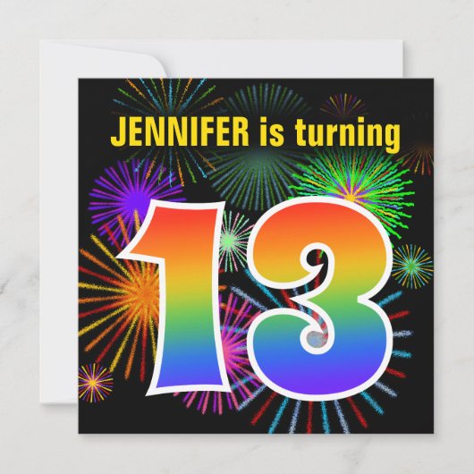 Invitation Fun Fireworks + Rainbow Motif "13" Anniversaire # (Devant)