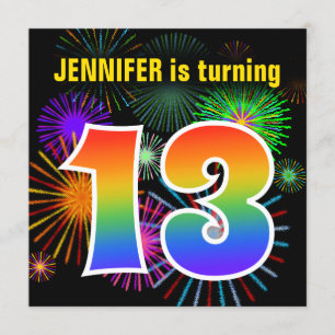 Invitation Fun Fireworks + Rainbow Motif "13" Anniversaire #