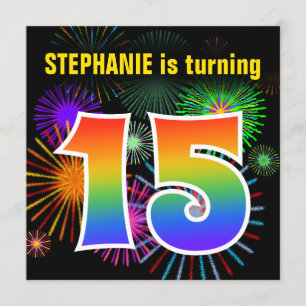 Invitation Fun Fireworks + Rainbow Motif "15" Anniversaire #