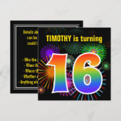 Invitation Fun Fireworks + Rainbow Motif "16" Anniversaire # (Devant / Derrière)