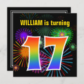 Invitation Fun Fireworks + Rainbow Motif "17" Anniversaire # (Devant / Derrière)