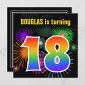 Invitation Fun Fireworks + Rainbow Motif "18" Anniversaire # (Devant / Derrière)