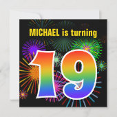Invitation Fun Fireworks + Rainbow Motif "19" Anniversaire # (Devant)