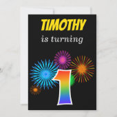 Invitation Fun Fireworks + Rainbow Motif "1" Anniversaire # (Devant)