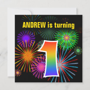 Invitation Fun Fireworks + Rainbow Motif "1" Anniversaire #