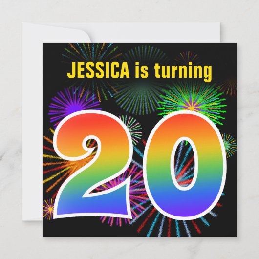 Invitation Fun Fireworks + Rainbow Motif "20" Anniversaire # (Devant)