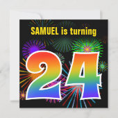 Invitation Fun Fireworks + Rainbow Motif "24" Anniversaire # (Devant)