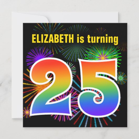 Invitation Fun Fireworks + Rainbow Motif "25" Anniversaire # (Devant)