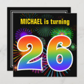 Invitation Fun Fireworks + Rainbow Motif "26" Anniversaire # (Devant / Derrière)