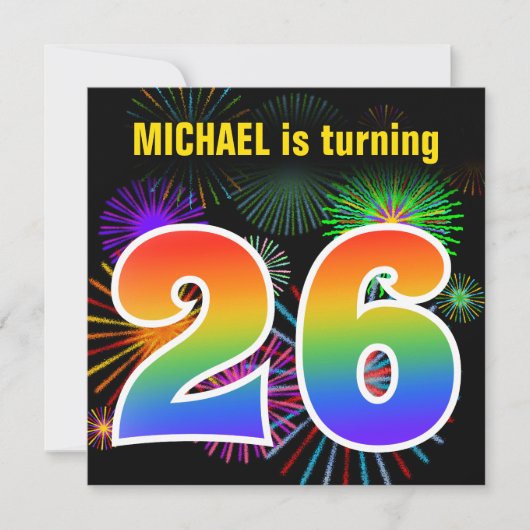 Invitation Fun Fireworks + Rainbow Motif "26" Anniversaire # (Devant)