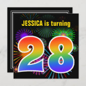 Invitation Fun Fireworks + Rainbow Motif "28" Anniversaire # (Devant / Derrière)