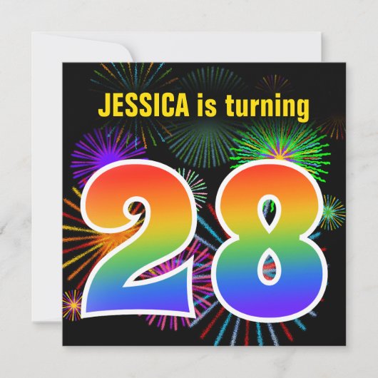 Invitation Fun Fireworks + Rainbow Motif "28" Anniversaire # (Devant)