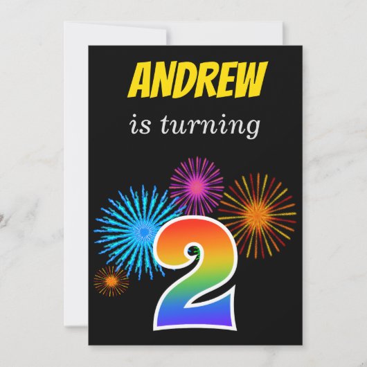 Invitation Fun Fireworks + Rainbow Motif "2" Anniversaire # (Devant)