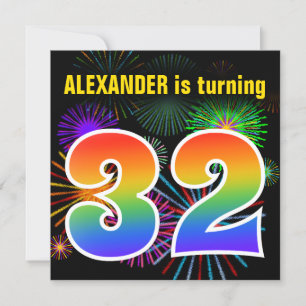 Invitation Fun Fireworks + Rainbow Motif "32" Anniversaire #