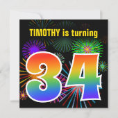 Invitation Fun Fireworks + Rainbow Motif "34" Anniversaire # (Devant)