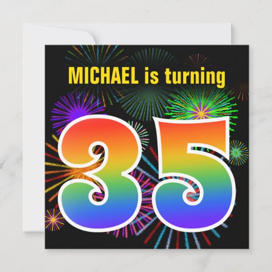 Invitation Fun Fireworks + Rainbow Motif "35" Anniversaire # (Devant)