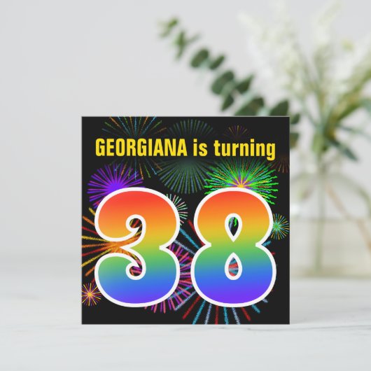 Invitation Fun Fireworks + Rainbow Motif "38" Anniversaire # (Debout devant)