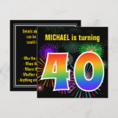 Invitation Fun Fireworks + Rainbow Motif "40" Anniversaire # (Devant / Derrière)