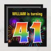 Invitation Fun Fireworks + Rainbow Motif "41" Anniversaire # (Devant / Derrière)