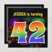 Invitation Fun Fireworks + Rainbow Motif "42" Anniversaire # (Devant / Derrière)
