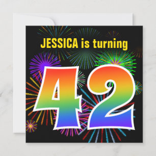 Invitation Fun Fireworks + Rainbow Motif "42" Anniversaire #