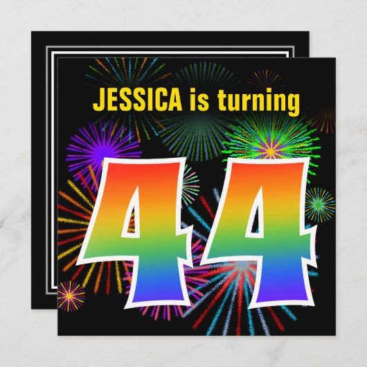 Invitation Fun Fireworks + Rainbow Motif "44" Anniversaire # (Devant / Derrière)