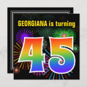 Invitation Fun Fireworks + Rainbow Motif "45" Anniversaire # (Devant / Derrière)