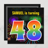 Invitation Fun Fireworks + Rainbow Motif "48" Anniversaire # (Devant / Derrière)